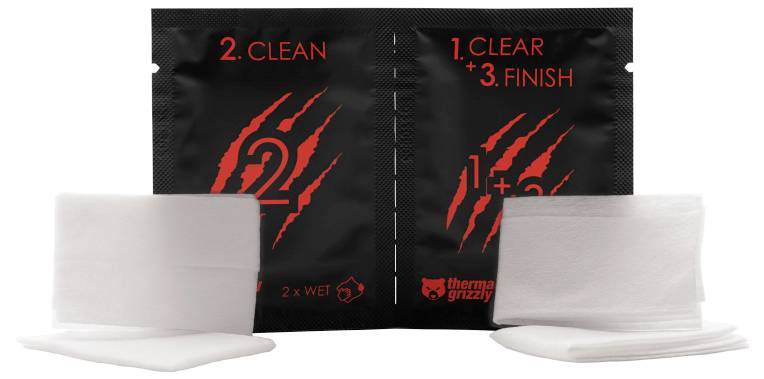 Twee zwarte Thermaltake wisselpaketjes, gelabeld '2. Schoonmaken' en '1. Reinigen + 3. Afronden,' worden getoond met verschillende gevouwen witte doekjes.