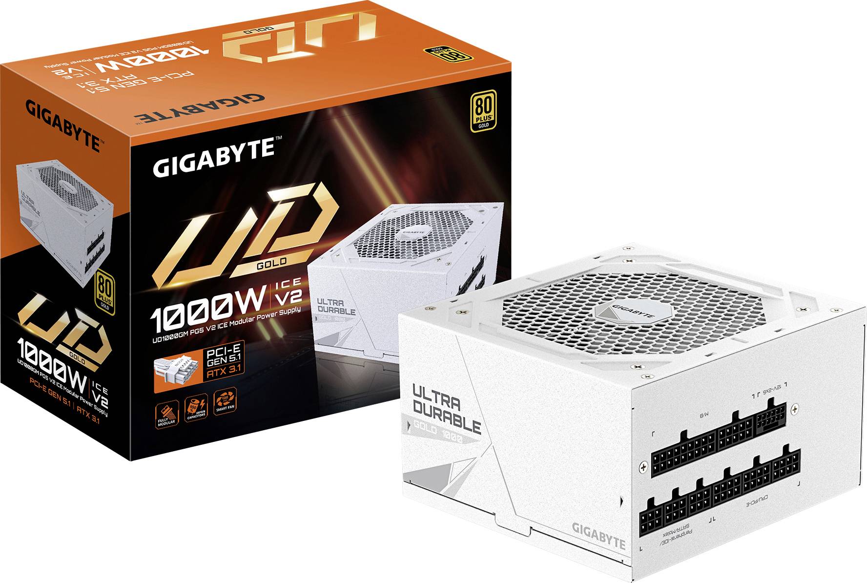 'GIGABYTE UD Gold 1000W V2' voedingsunit en verpakking, 80 PLUS Gold gecertificeerd, met Ultra Duurzaam ontwerp en modulaire kabels.