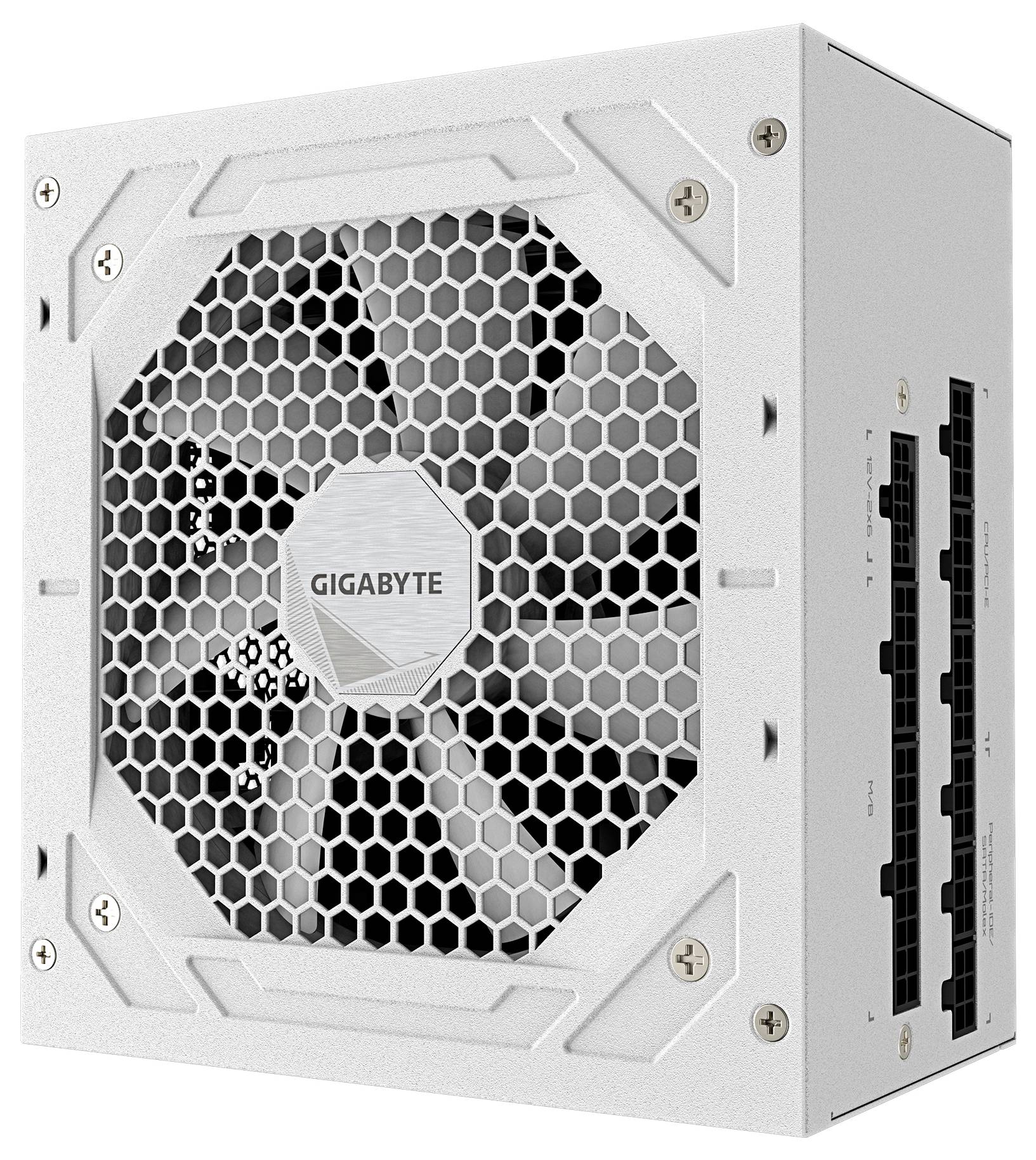 Een witte GIGABYTE voedingseenheid met een honingraatroosterontwerp en zichtbare ventilator, waarbij meerdere poorten aan de zijkant te zien zijn.