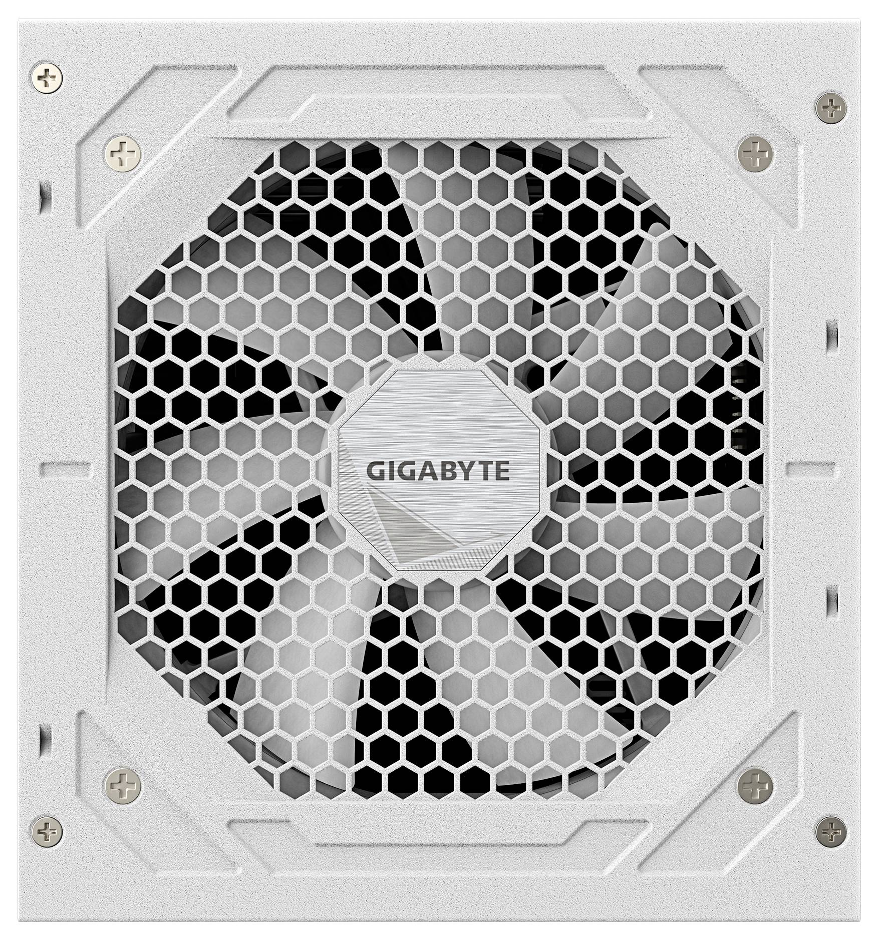 Een witte Gigabyte computerfan met een zeshoekig roosterpatroon en zichtbare schroeven op de hoeken.