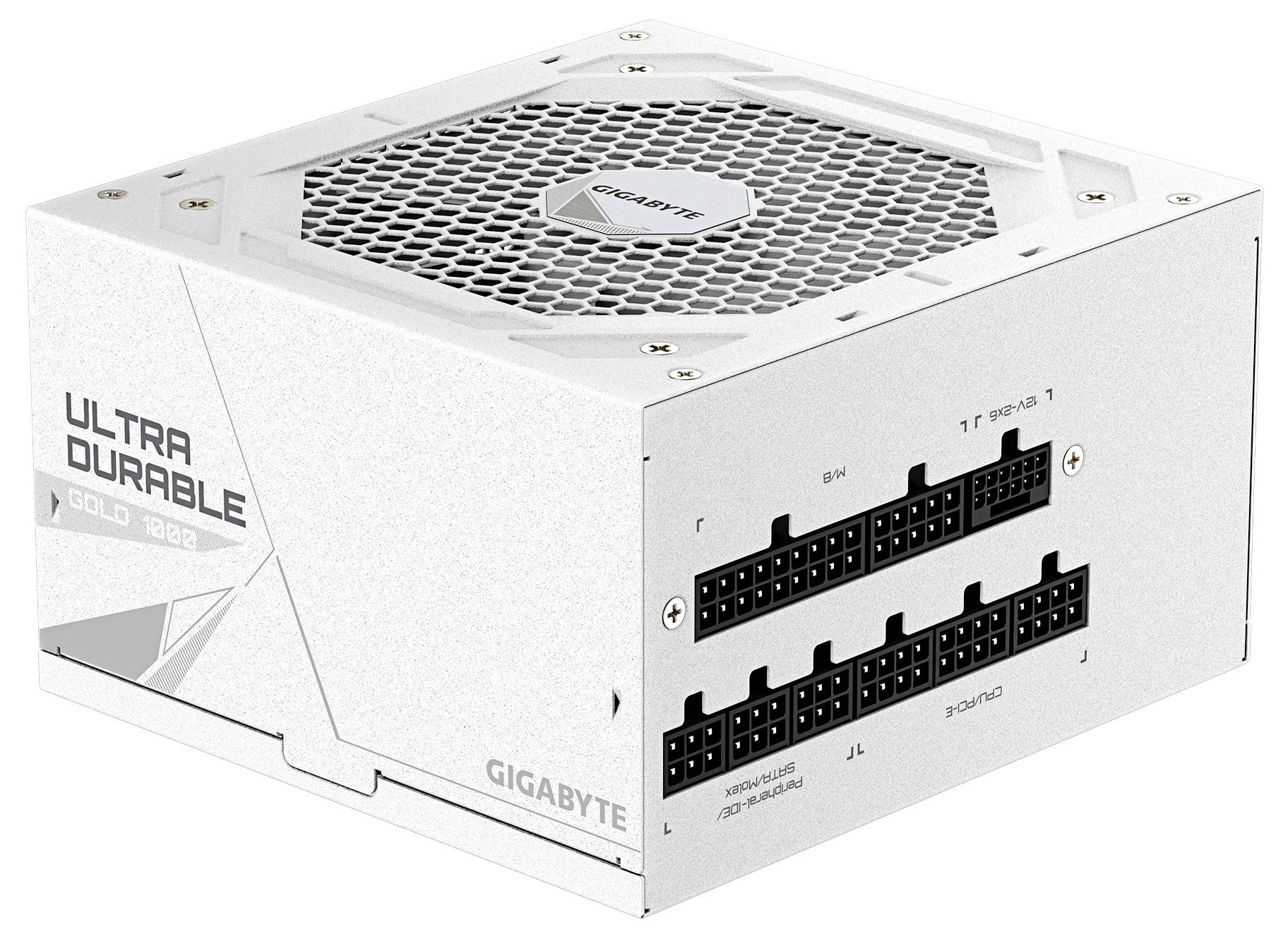 Een witte Gigabyte voedingseenheid gelabeld als 'Ultra Durable Gold 750W' met een ventilatierooster aan de bovenkant en meerdere kabelaansluitingen aan de zijkant.