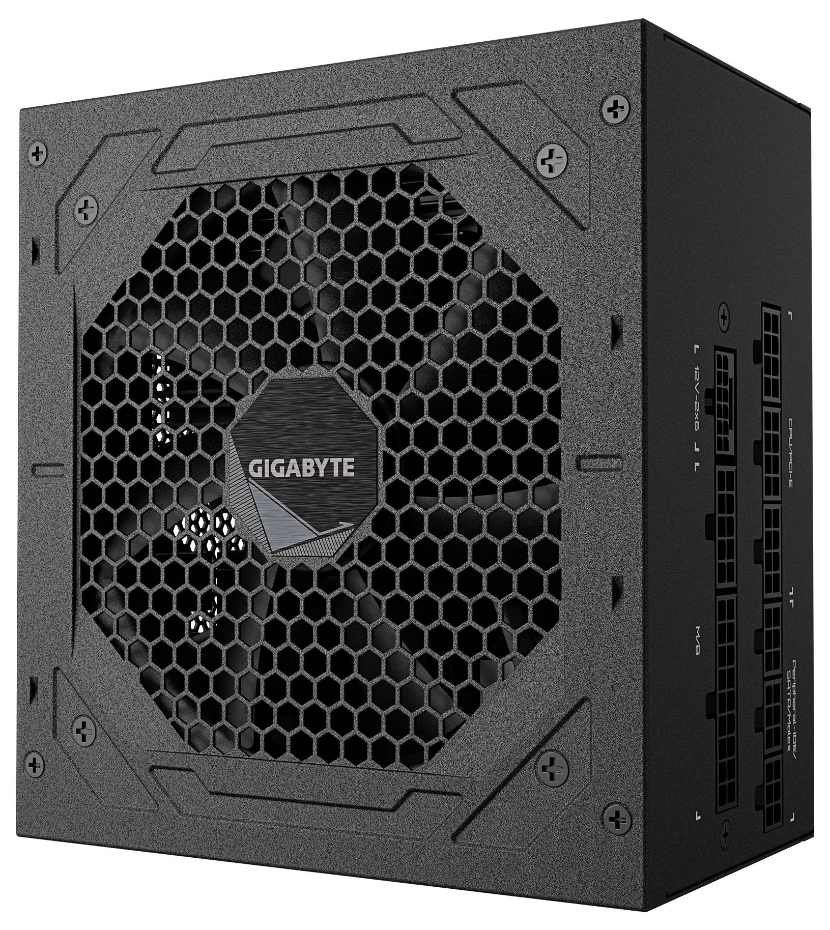 Een zwarte Gigabyte voedingseenheid met een grote ventilator, zeshoekig rooster en meerdere stroomaansluitingen aan de zijkant.