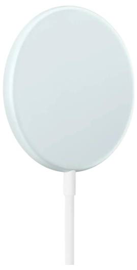 Een rond, plat, wit draadloos oplaadkussentje met een kabel die onderaan is bevestigd.