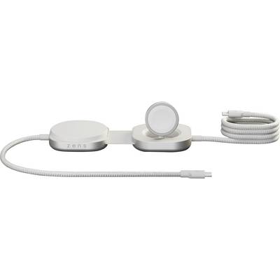 'Een draadloos oplaadstation met twee uitgangen en een gevlochten kabel. Twee ronde pads rusten op een rechthoekige basis; één pad is verticaal omhoog geplaatst.'