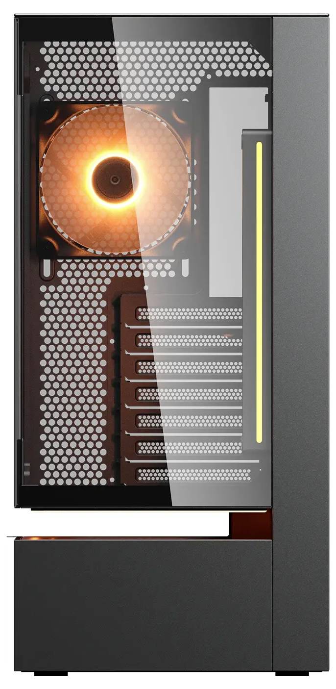 Een strak computerbehuizing met een transparant zijpaneel toont een verlichte ventilator met een oranje gloed, meerdere sleuven en een verticale LED-strip.