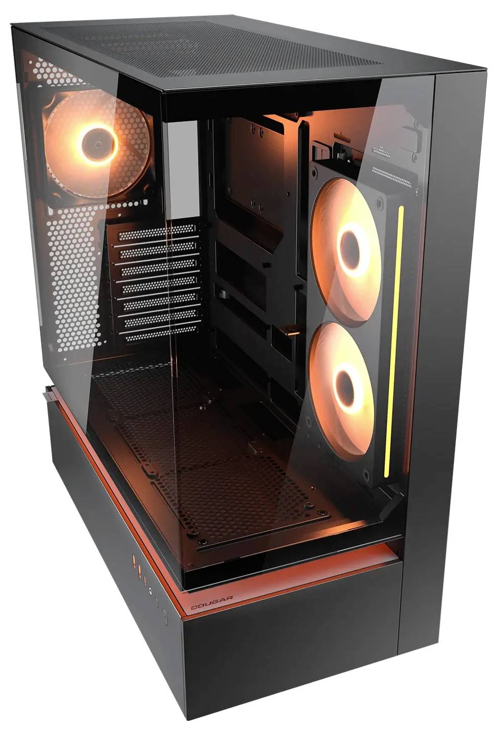 Een zwarte computerbehuizing met een transparant zijpaneel onthult interieur-RGB-verlichting en ventilatoren, waardoor een oranje gloed wordt gecreëerd.