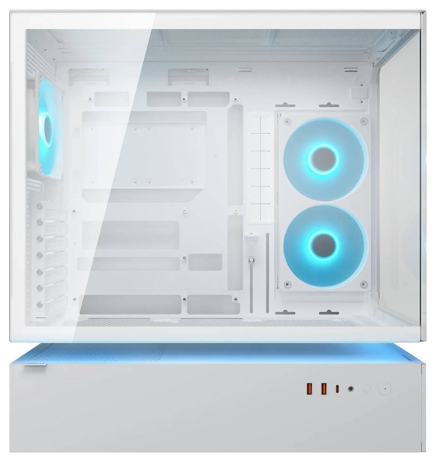 Een moderne witte computerbehuizing met een transparant zijpaneel toont twee interne koelventilatoren die blauw oplichten, en blootgestelde compartimenten voor componenten.