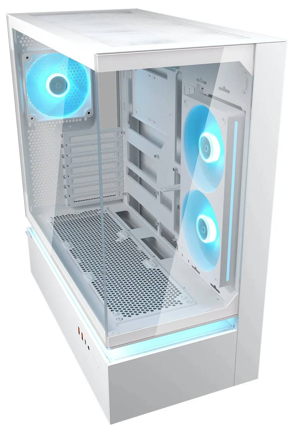 Een witte pc-behuizing met drie verlichte ventilatoren en een transparant zijpaneel, waarbij de lege binnenkant klaar is voor componentinstallatie.