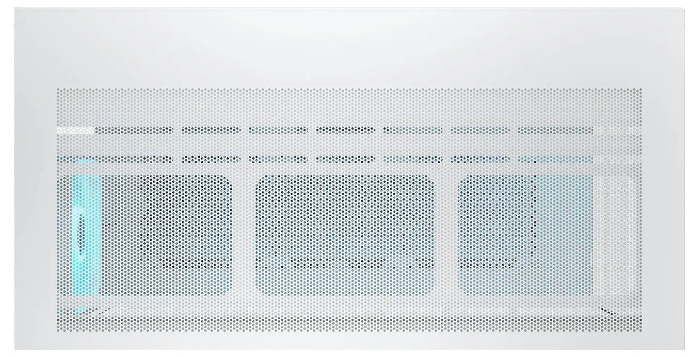 Een magnetron met een transparante deur, voorzien van een geperforeerd metalen scherm en een zichtbare kookruimte binnenin, tegen een witte achtergrond.
