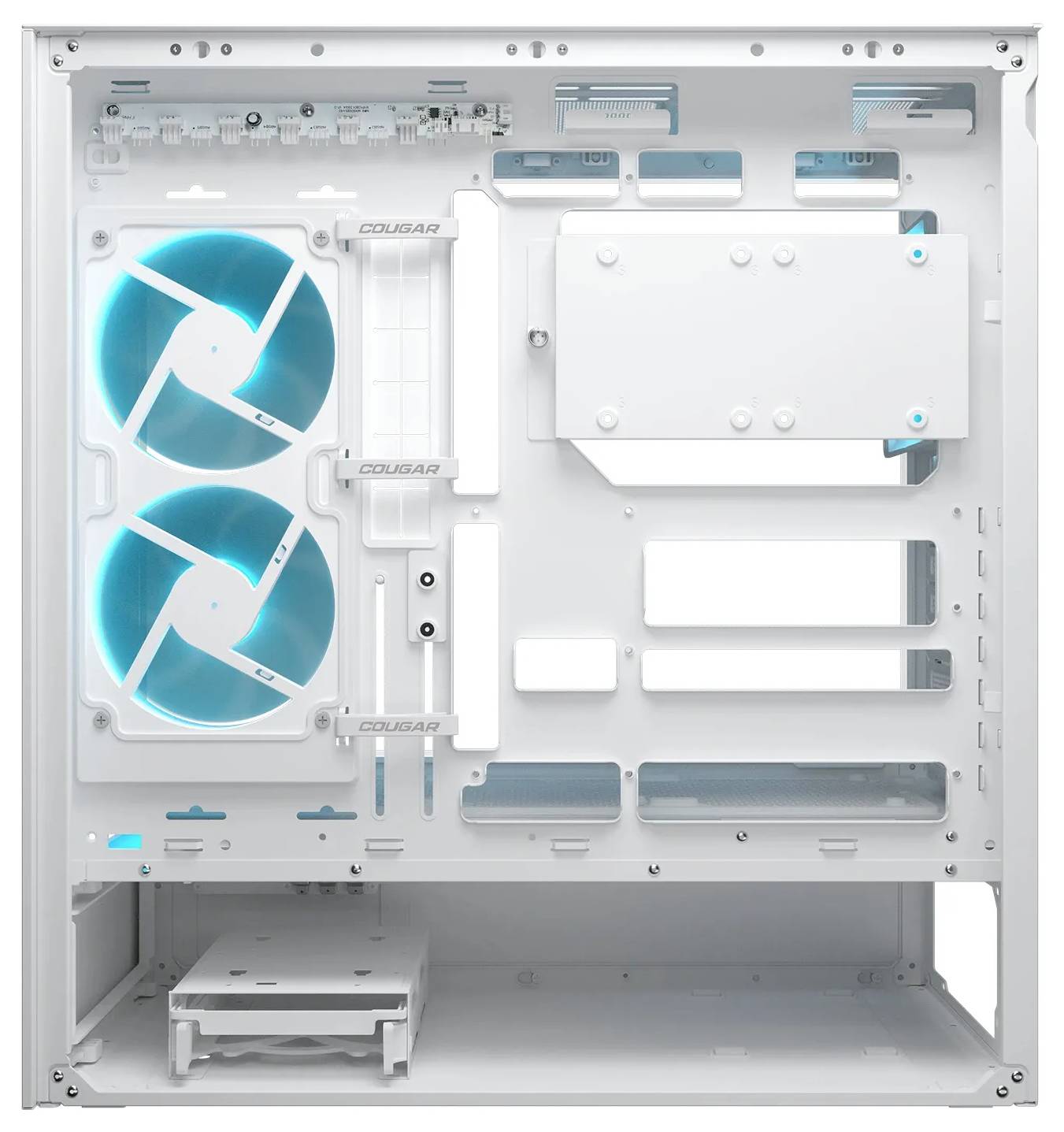 Een witte computerbehuizing met twee grote, blauw verlichte fans aan de linkerkant, meerdere compartimenten, en een gehard glazen zijpaneel dat is ontworpen voor aanpassing.