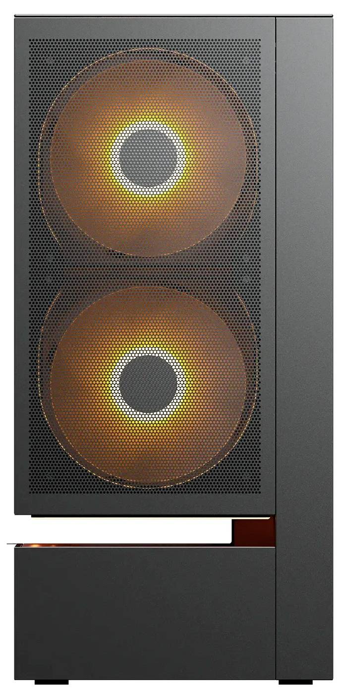 Een zwarte computerbehuizing met twee grote, oranje oplichtende koelventilatoren zichtbaar door een mesh paneel, wat wijst op hoogwaardige koeling.