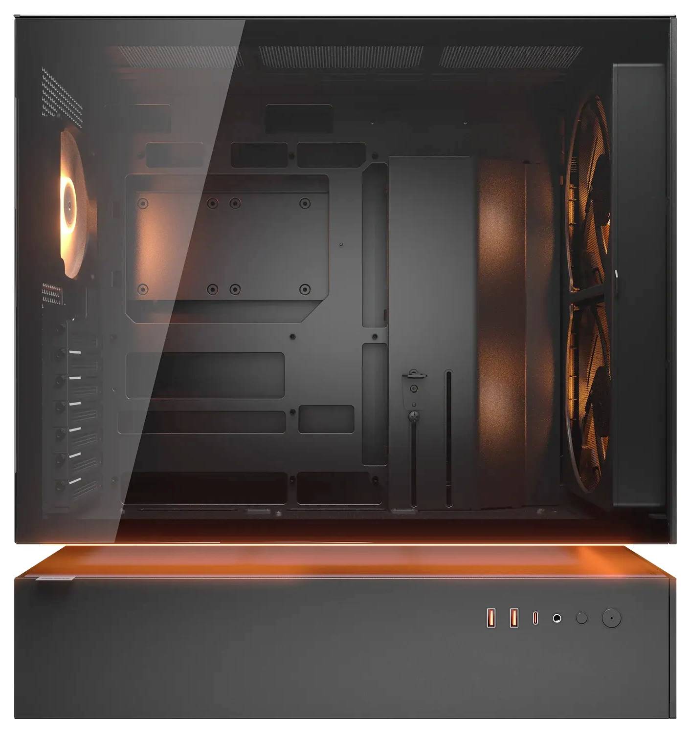 Een strakke zwarte computerbehuizing met oranje interne verlichting, voorzien van meerdere ventilatieopeningen en USB-poorten aan de voorzijde, geschikt voor gaming-opstellingen.