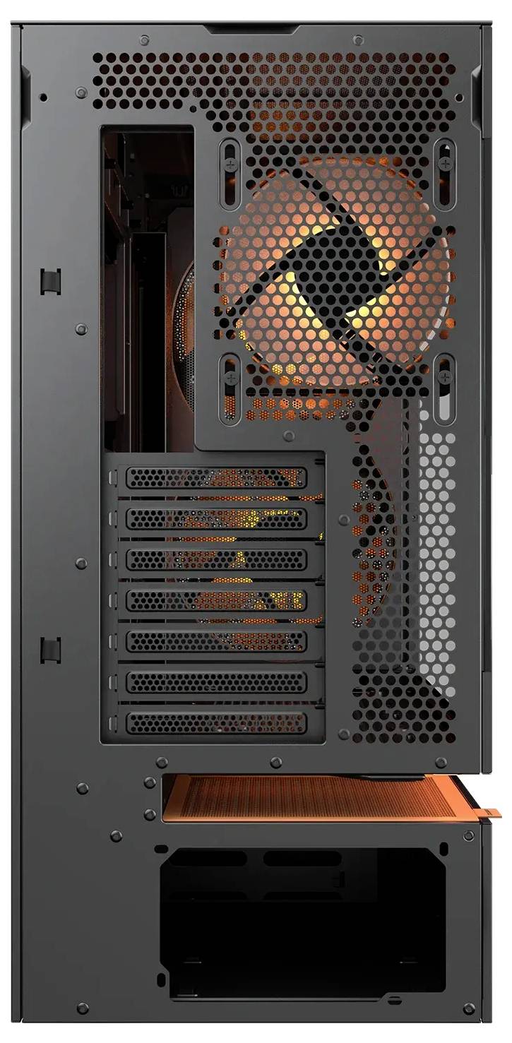 Achterkant van een computerbehuizing met meerdere uitbreidingssleuven, een grote ventilator aan de bovenkant voor ventilatie en roosterpanelen voor luchtstroom.