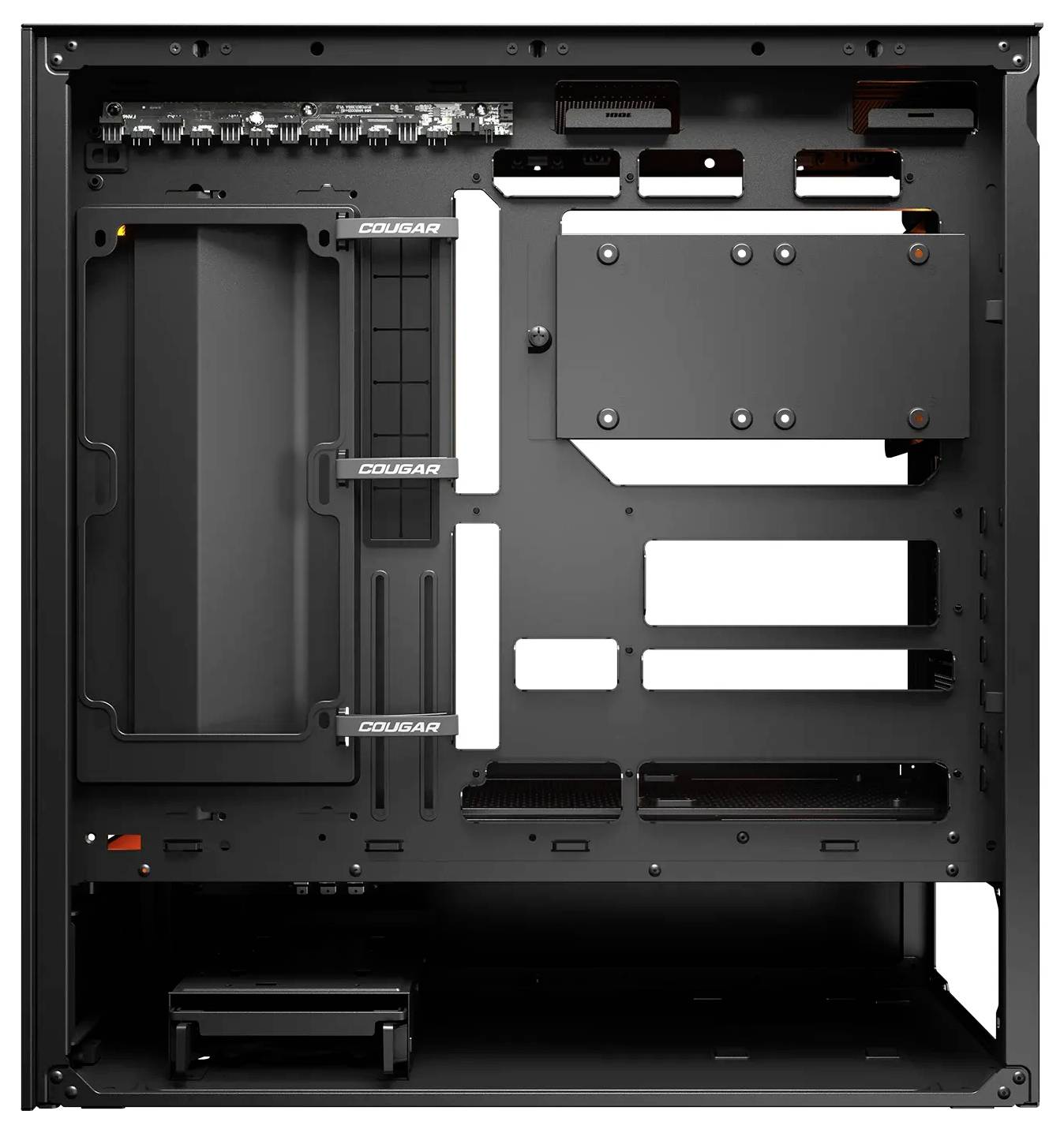 Een zwarte computerbehuizing van binnen met meerdere montageplaatsen, kabelmanagementfuncties en 'Cougar' branding op componenten.