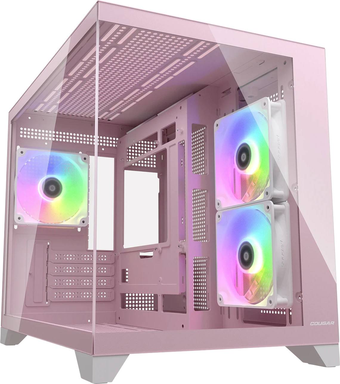 Een roze computerbehuizing met transparante zijpanelen en drie gemonteerde RGB-ventilatoren, die kleurrijke verlichting vertonen.