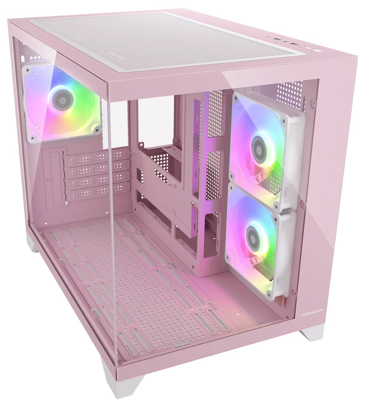 'Een roze computerbehuizing met transparante zij- en bovenplaten, voorzien van kleurrijke LED-ventilatoren aan de voor- en achterkant voor koeling en esthetische aantrekkingskracht.'