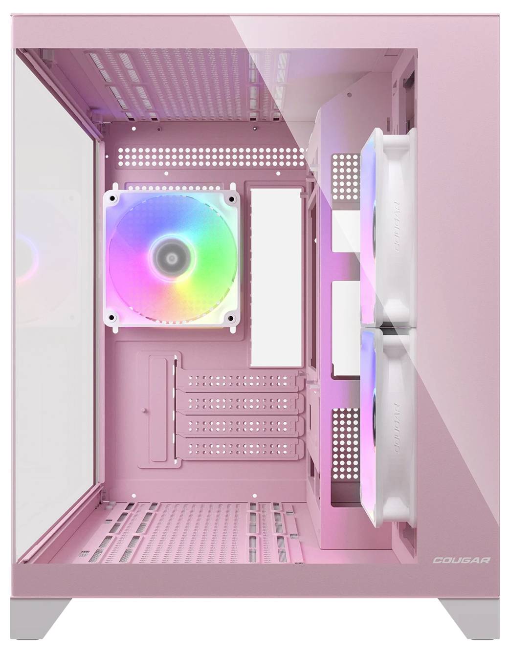 Een roze computerbehuizing met een transparant zijpaneel, waarop geïnstalleerde kleurrijke LED-ventilatoren te zien zijn.