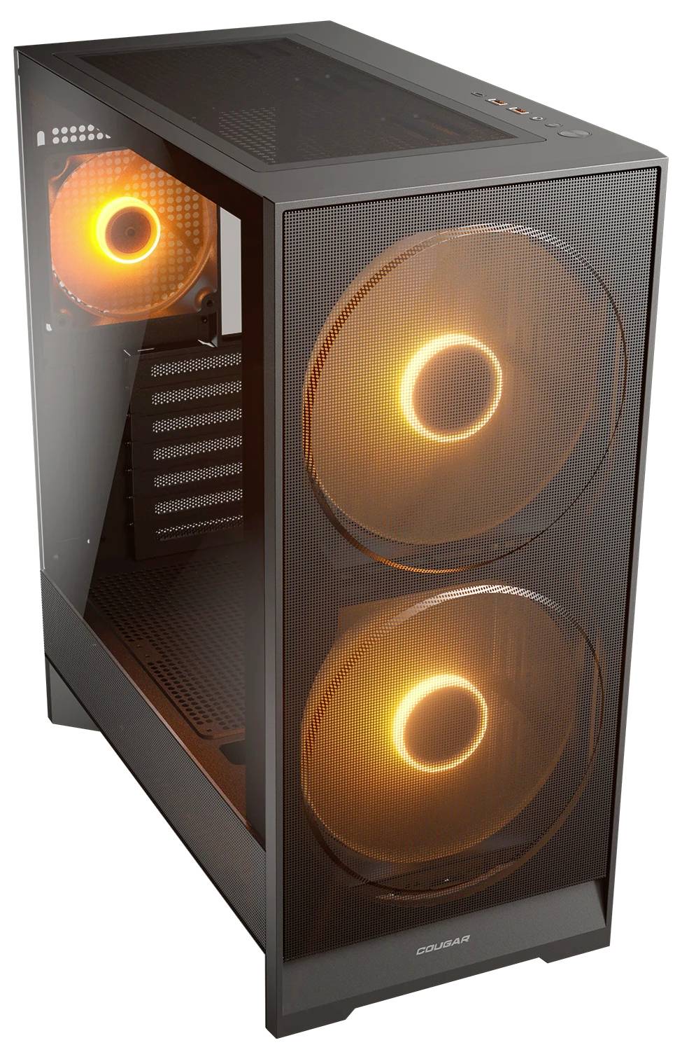 Een zwarte desktopcomputer-behuizing met een transparant zijpaneel waarop twee grote oranje koelventilatoren oplichten.