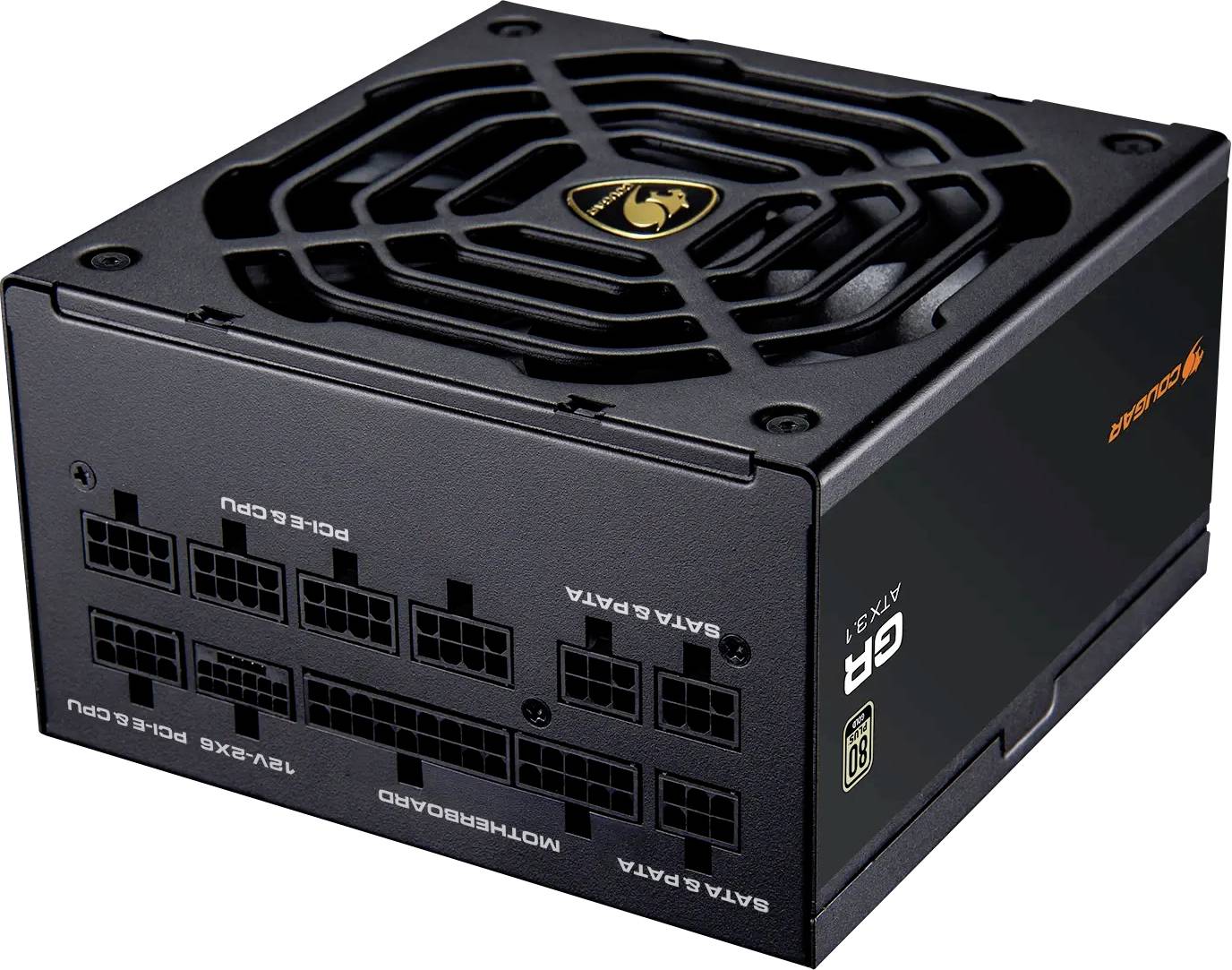 Een zwarte computer voedingseenheid met zichtbare ventilator bovenop, met meerdere aansluitpoorten gemerkt voor CPU, SATA en moederbordaansluitingen.