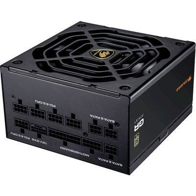 Een zwarte computer voedingseenheid met zichtbare ventilator bovenop, met meerdere aansluitpoorten gemerkt voor CPU, SATA en moederbordaansluitingen.