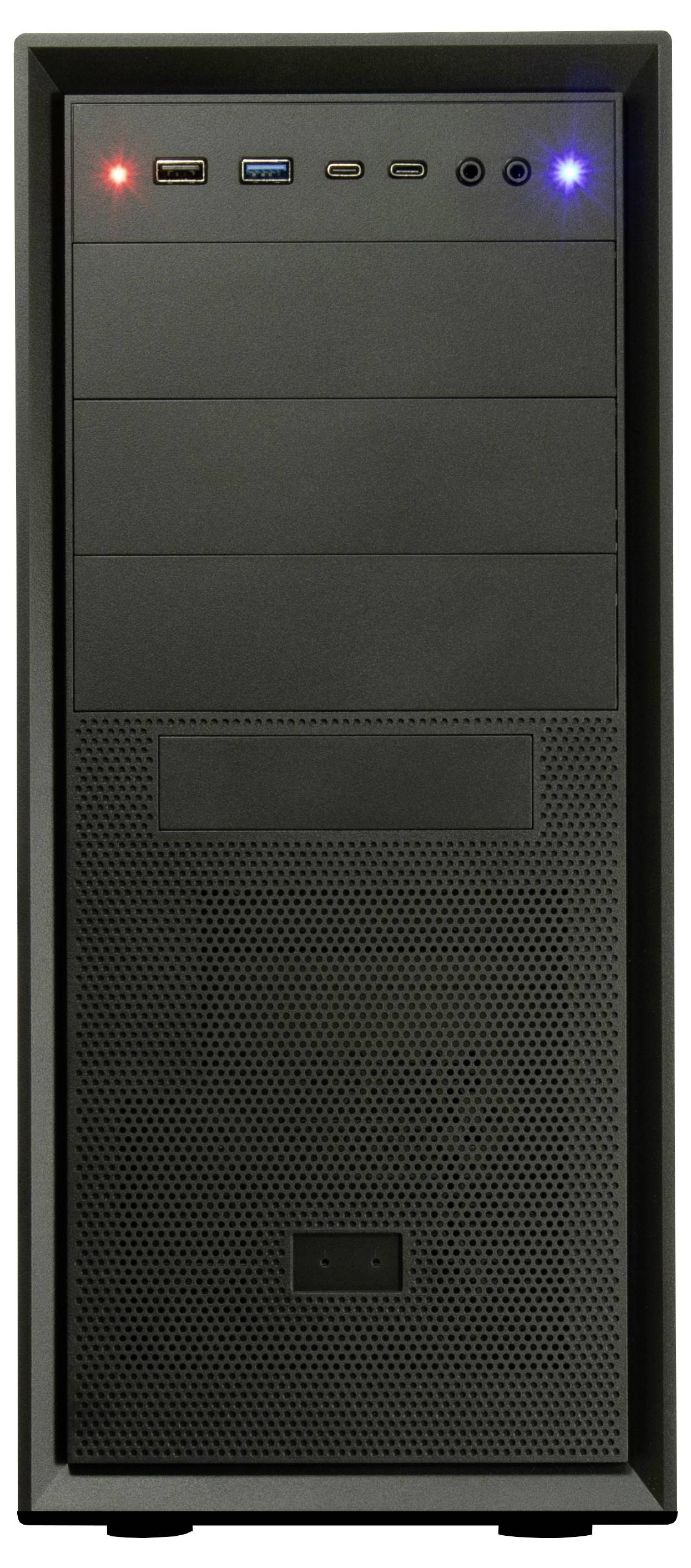 Een zwarte desktopcomputer-behuizing met verschillende poorten aan de voorkant bovenaan, waaronder USB- en audiaaansluitingen, met rode en blauwe indicatorlampjes.