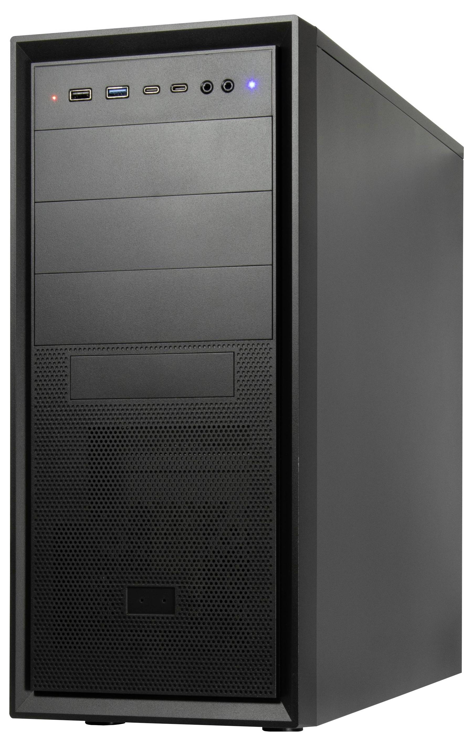 Een zwarte desktopcomputer-behuizing met meerdere poorten en knoppen op het voorpaneel voor USB, audio en voedingsfuncties.