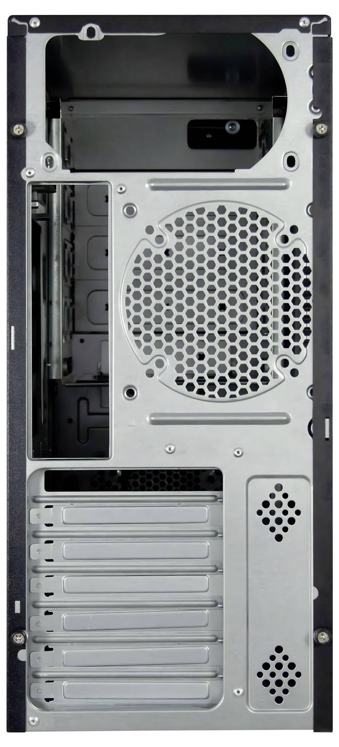 Een computertoren achterpaneel met meerdere uitbreidingssleuven, ventilatieopeningen en ruimtes voor voeding en aansluitingspoorten.