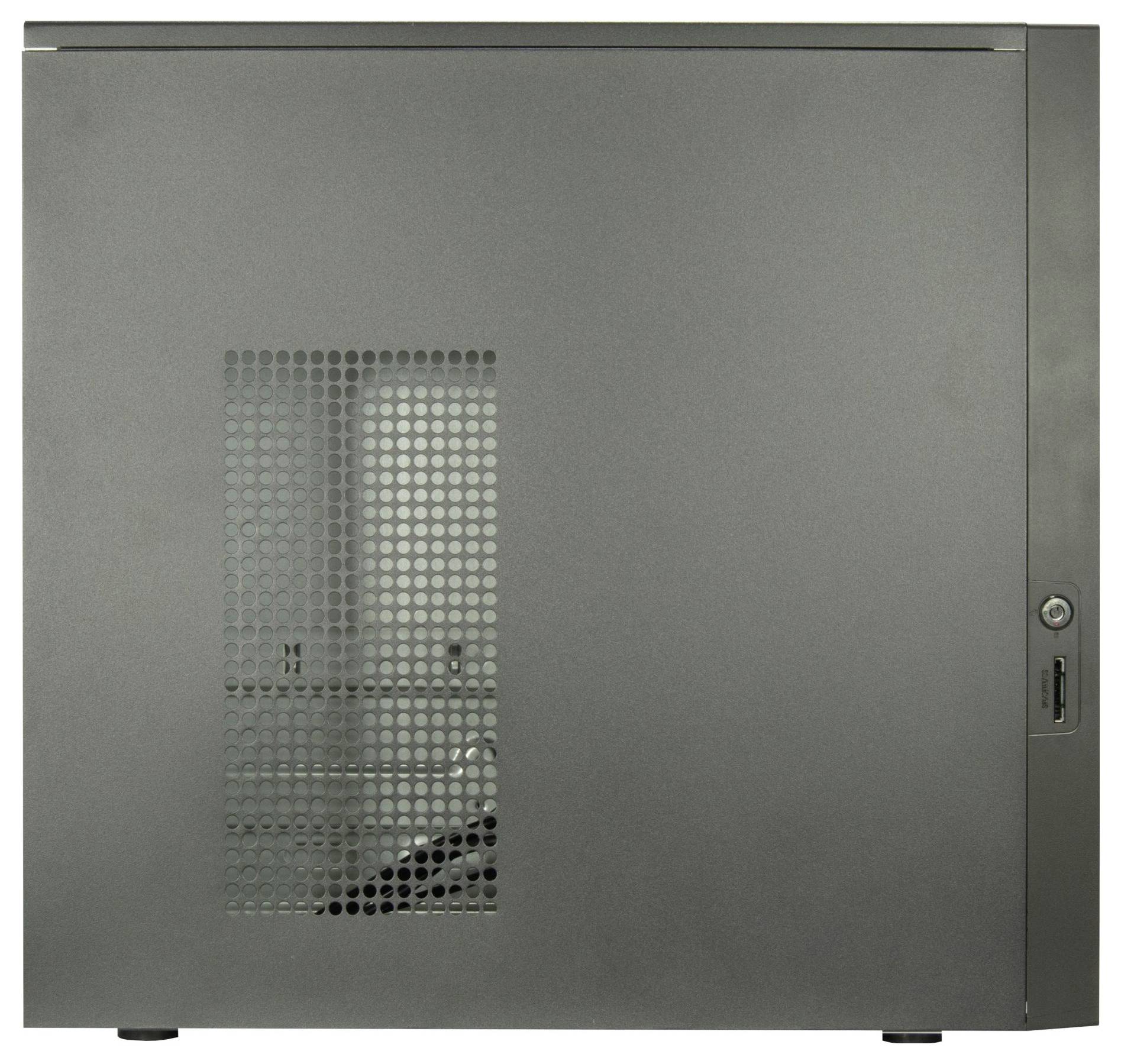Een zijaanzicht van een zwarte computerbehuizing met een mesh paneel voor ventilatie, waarbij interne componenten zichtbaar zijn.