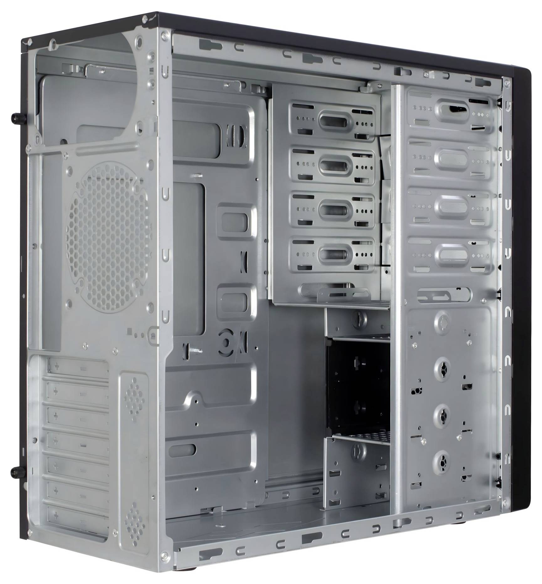 Een zilverkleurige computerbehuizing zonder componenten, met meerdere stationsruimtes en sleuven voor hardwareinstallatie.