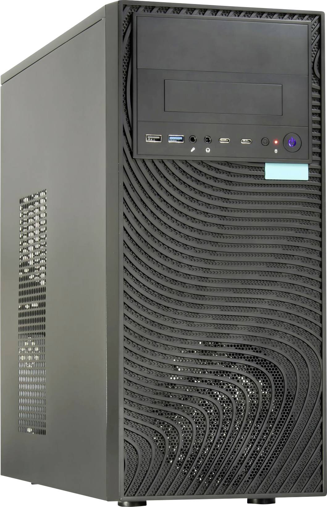 Een zwarte computerkast met een gepatroneerde voorkant, voorzien van USB-poorten, audio-aansluitingen, een aan/uit-knop en een optische drive-sleuf.
