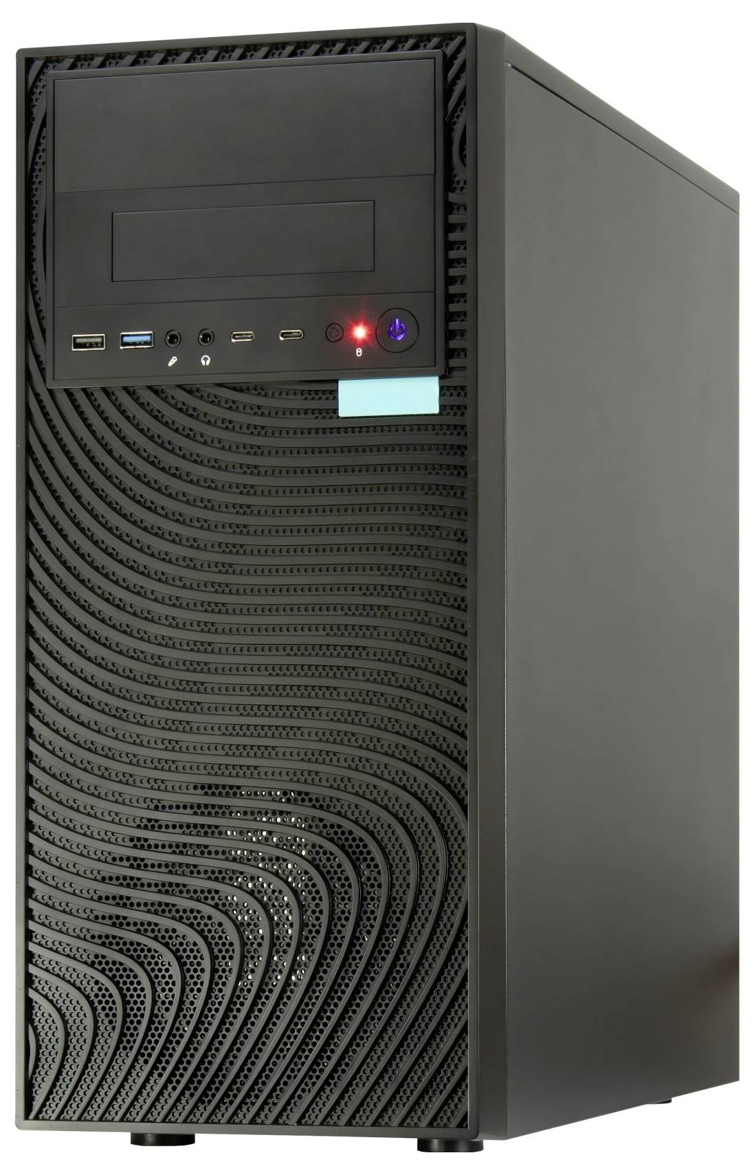 Een zwarte desktopcomputer-toren met USB-poorten aan de voorzijde en een aan/uit-knop die zich op het bovenste voorpaneel bevindt. Het ontwerp is minimalistisch.