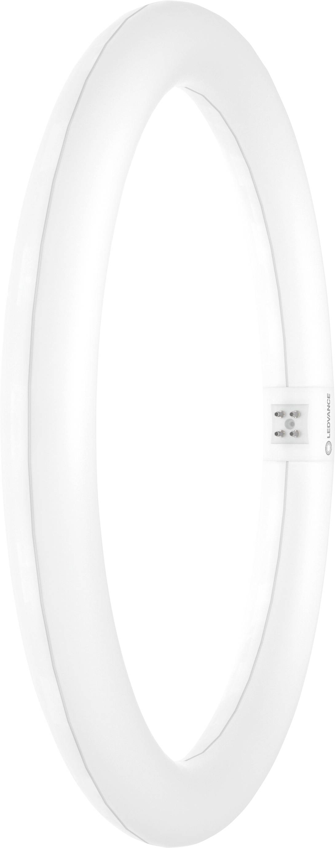 Een circulaire, witte tl-lamp met een klein bedieningspaneel aan één zijde, ontworpen voor plafondverlichting.