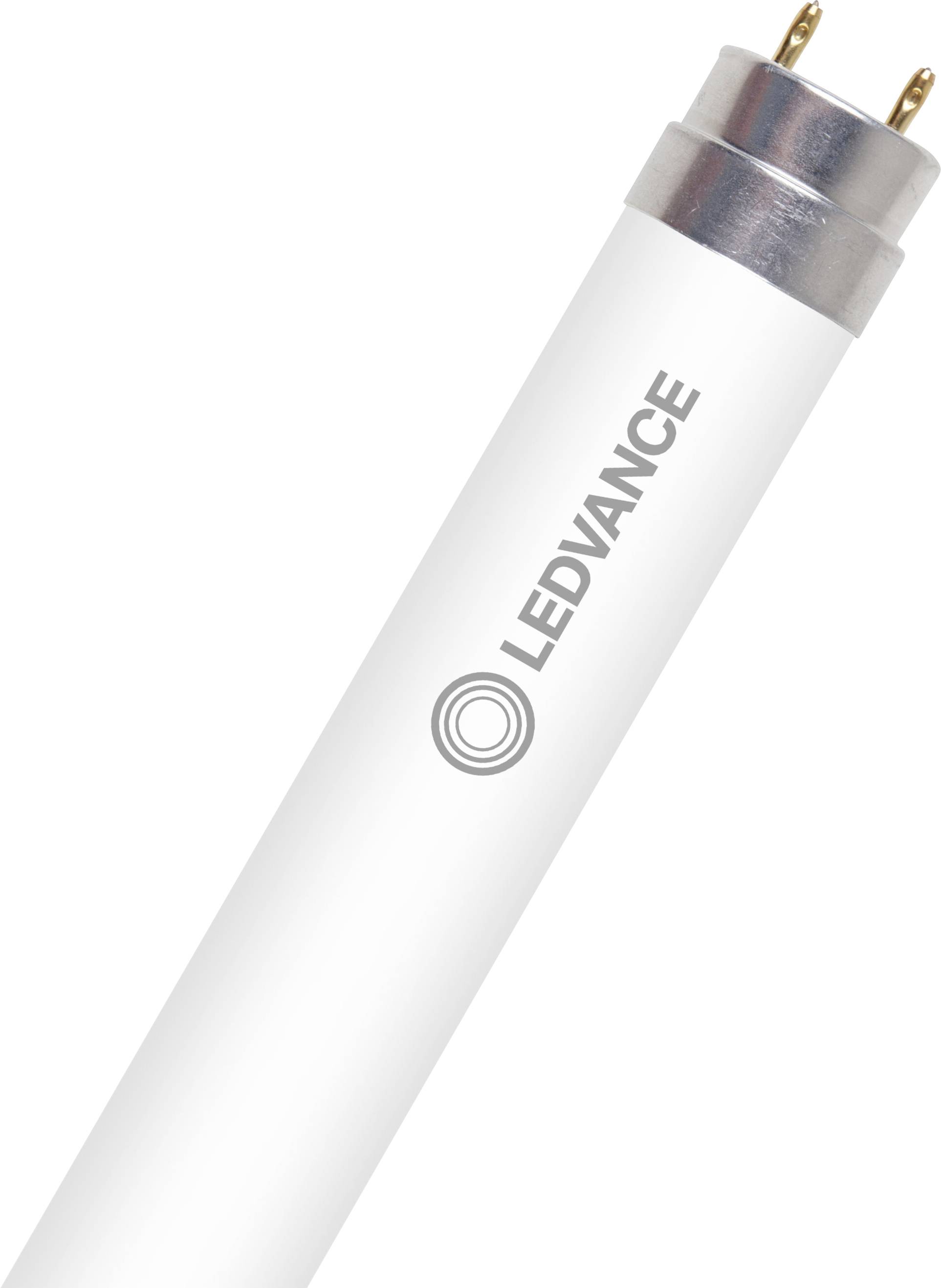 Een fluorescentie LED-buislamp met het label 'LEDVANCE', waarop de metalen dop en twee pinconnectoren voor montage zichtbaar zijn.