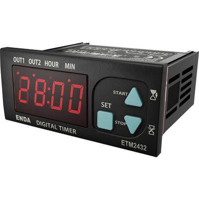 Digitale timer met rode LED-display, toont '28:00'. Inclusief 'Start-', 'Instellen-' en 'Stop'-knoppen, model ETM2432 van ENDA.