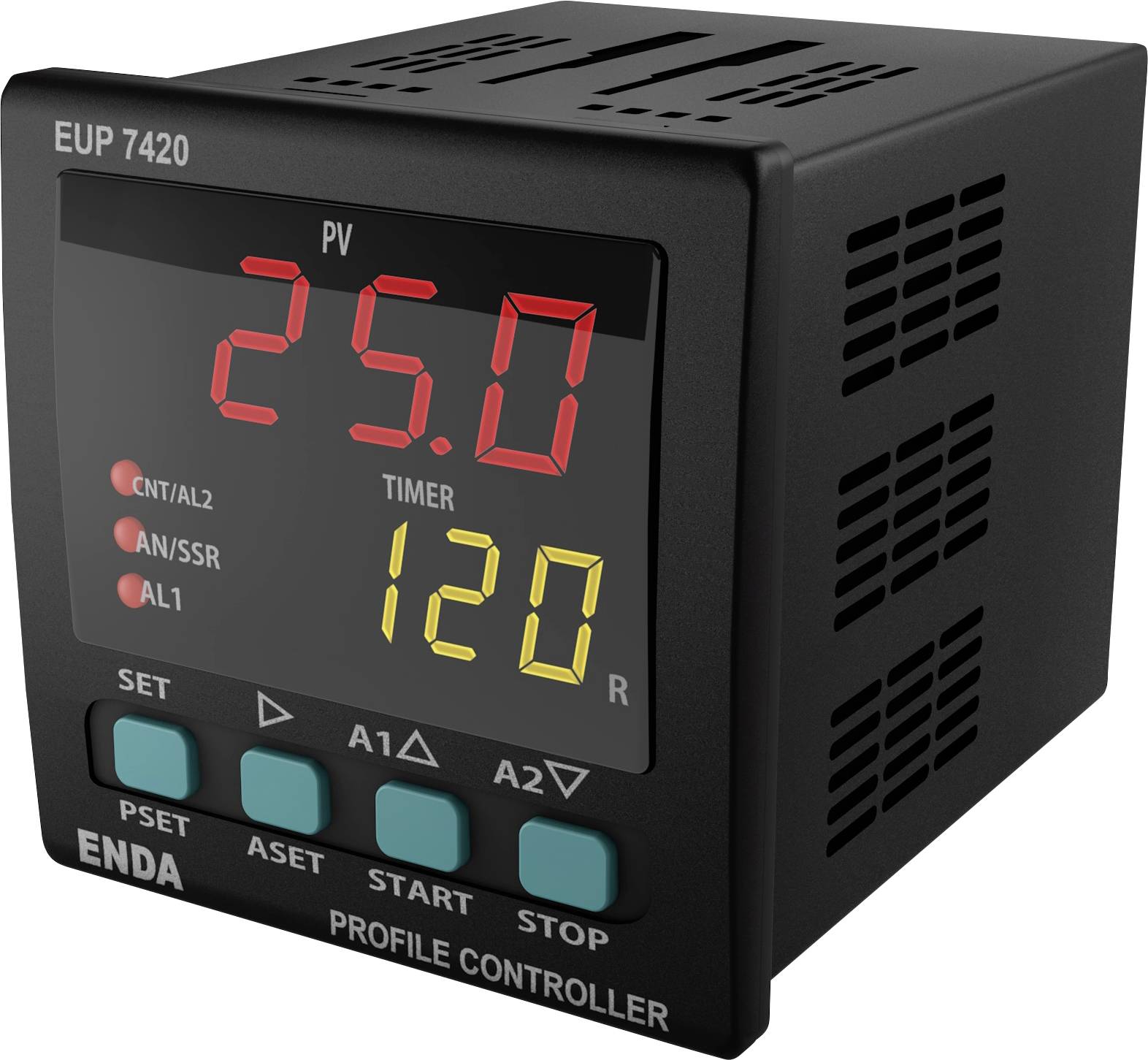 Een digitale profielcontroller met een display waarop 'PV 25.0' en 'Timer 120' worden weergegeven, die de huidige waarden aangeven. Het apparaat heeft bedieningsknoppen voor instellingen.