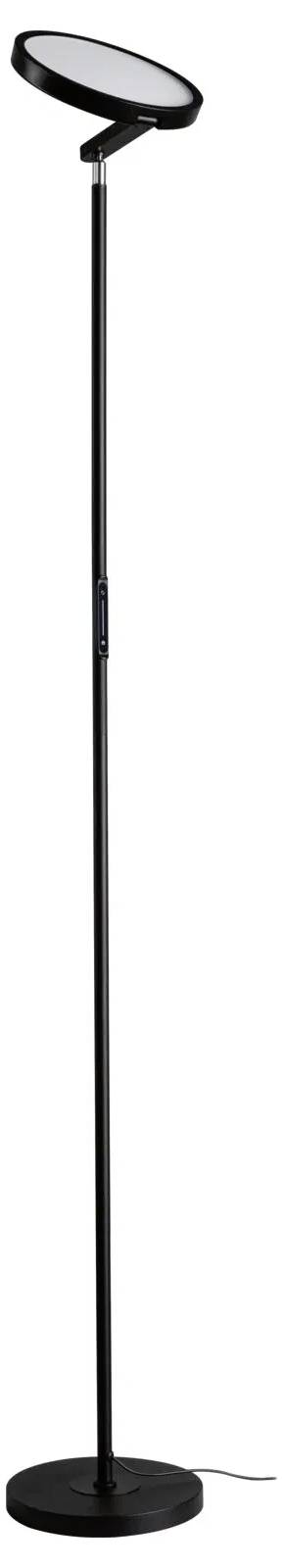 Een strakke zwarte vloerlamp met een ronde voet en een verstelbare kop, ontworpen voor efficiënte, moderne verlichting in huis- of kantooromgevingen.