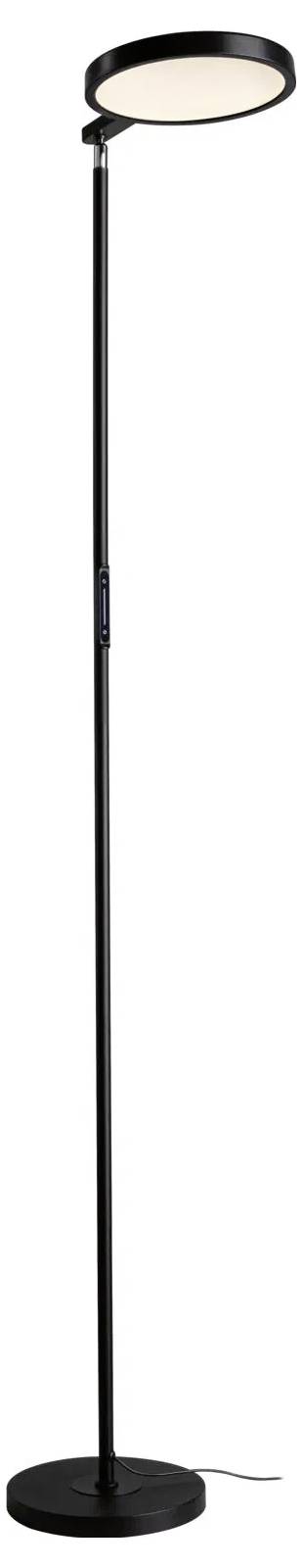 Een hoge, slanke zwarte vloerlamp met een cirkelvormige verstelbare lamp bovenaan, ontworpen voor moderne binnenruimtes.