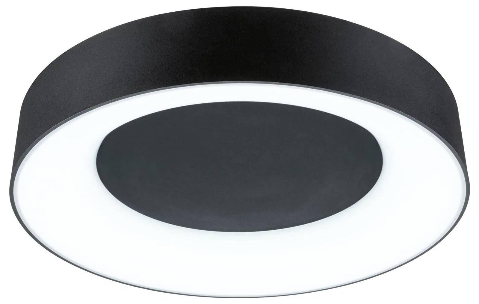 Een cirkelvormige zwarte plafondlichtarmatuur met een centraal wit glanzend licht.