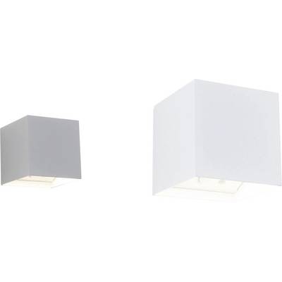 Twee witte kubische wandlampen zijn geplaatst op een effen achtergrond, een kleinere en een grotere, die een minimalistische vormgeving laten zien.