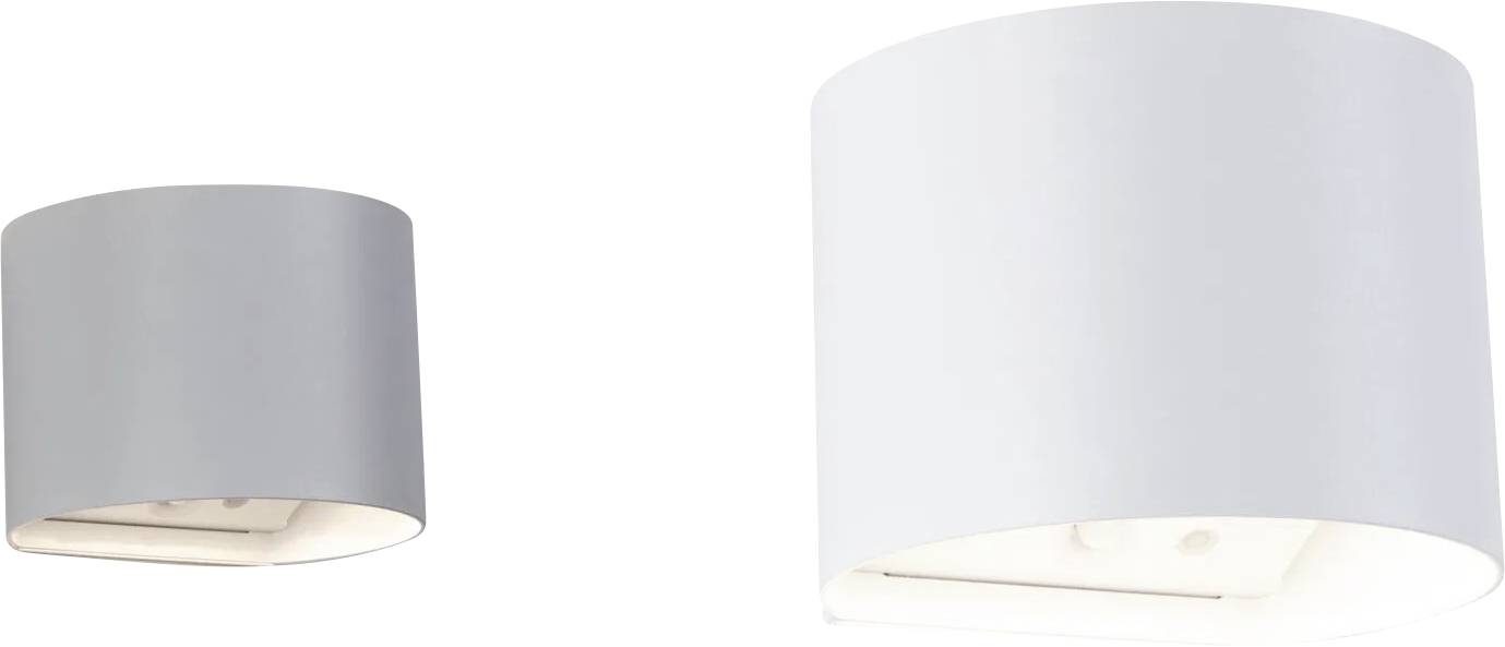 Twee witte, wandgemonteerde, cilindrische LED-lampen met open bodems voor neerwaartse lichtprojectie tegen een effen witte achtergrond.
