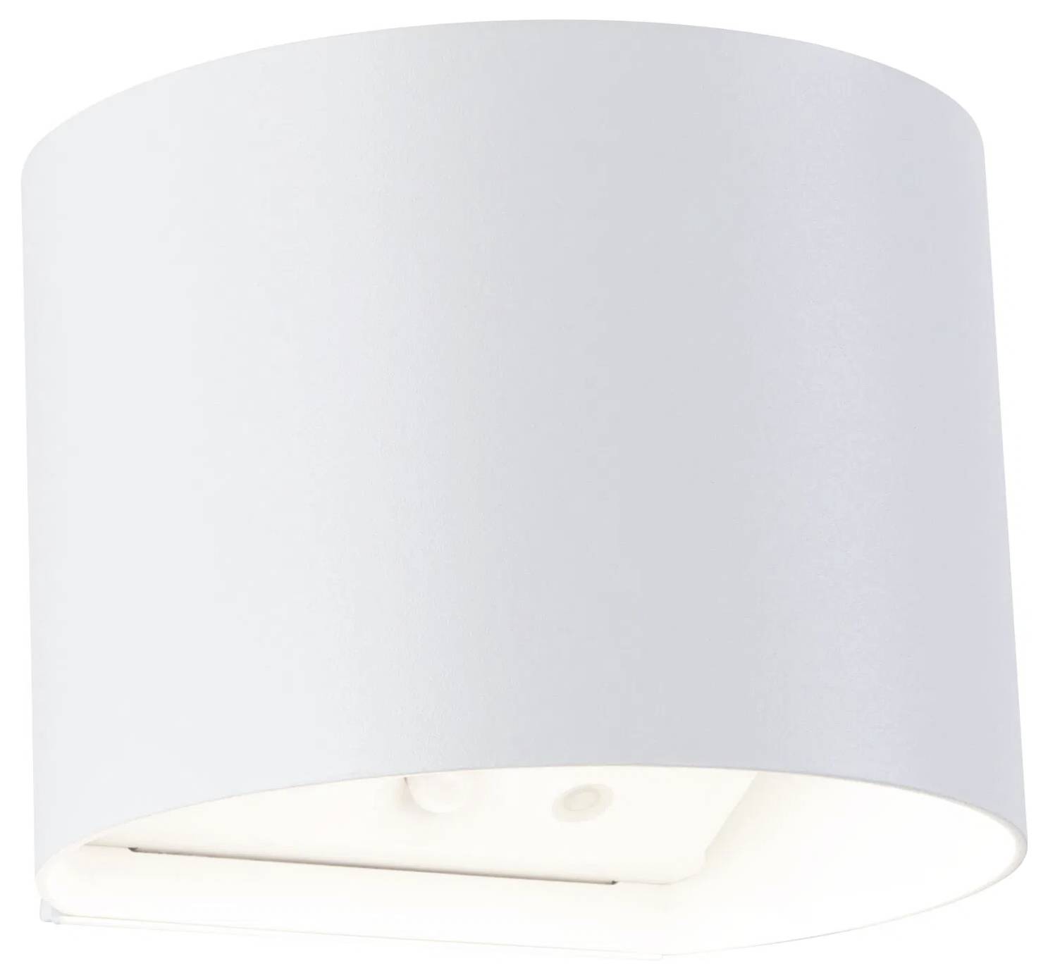 Een witte, cilindrische wandlamp, onverlicht, tegen een effen achtergrond.