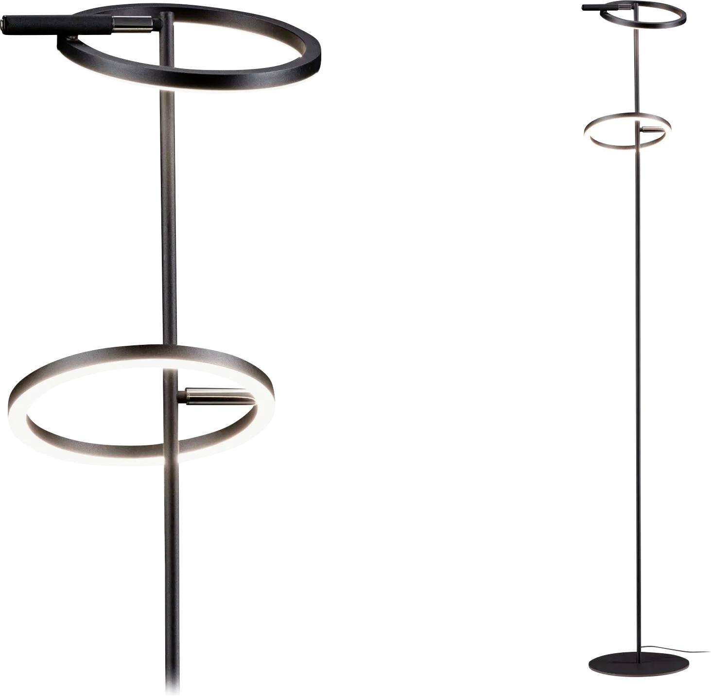 Moderne vloerlamp met twee cirkelvormige LED-lichtringen op een strak metalen paal, die een zacht ambiënt licht verspreidt.