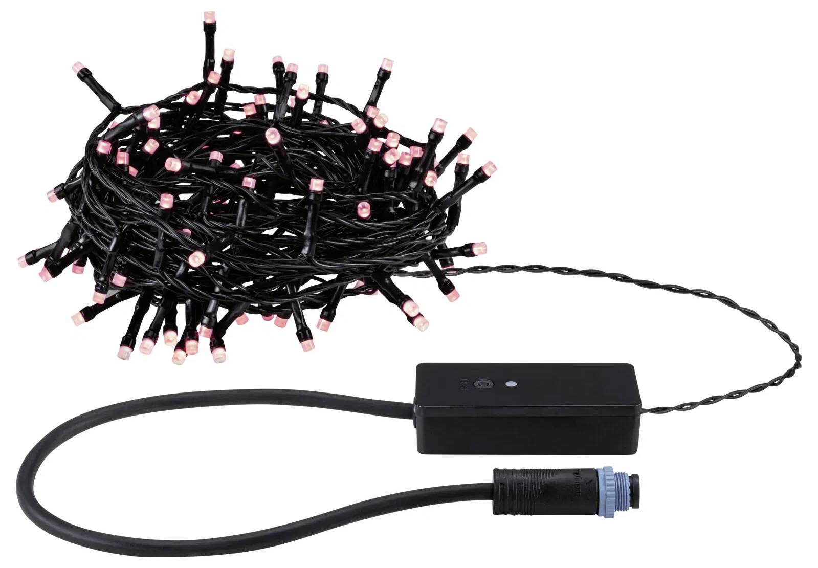 Een bundel zwarte snoerverlichting met roze uiteinden en een aangesloten zwarte bedieningsdoos met een blauwe stekkerverbinding.