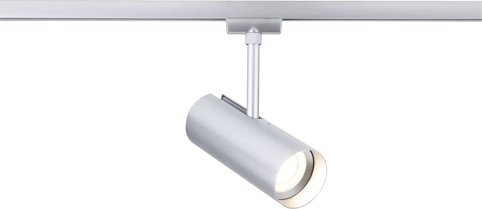 Een zilveren railverlichting met een cilindrische vormgeving is gemonteerd op een rail, die licht naar beneden uitstraalt.