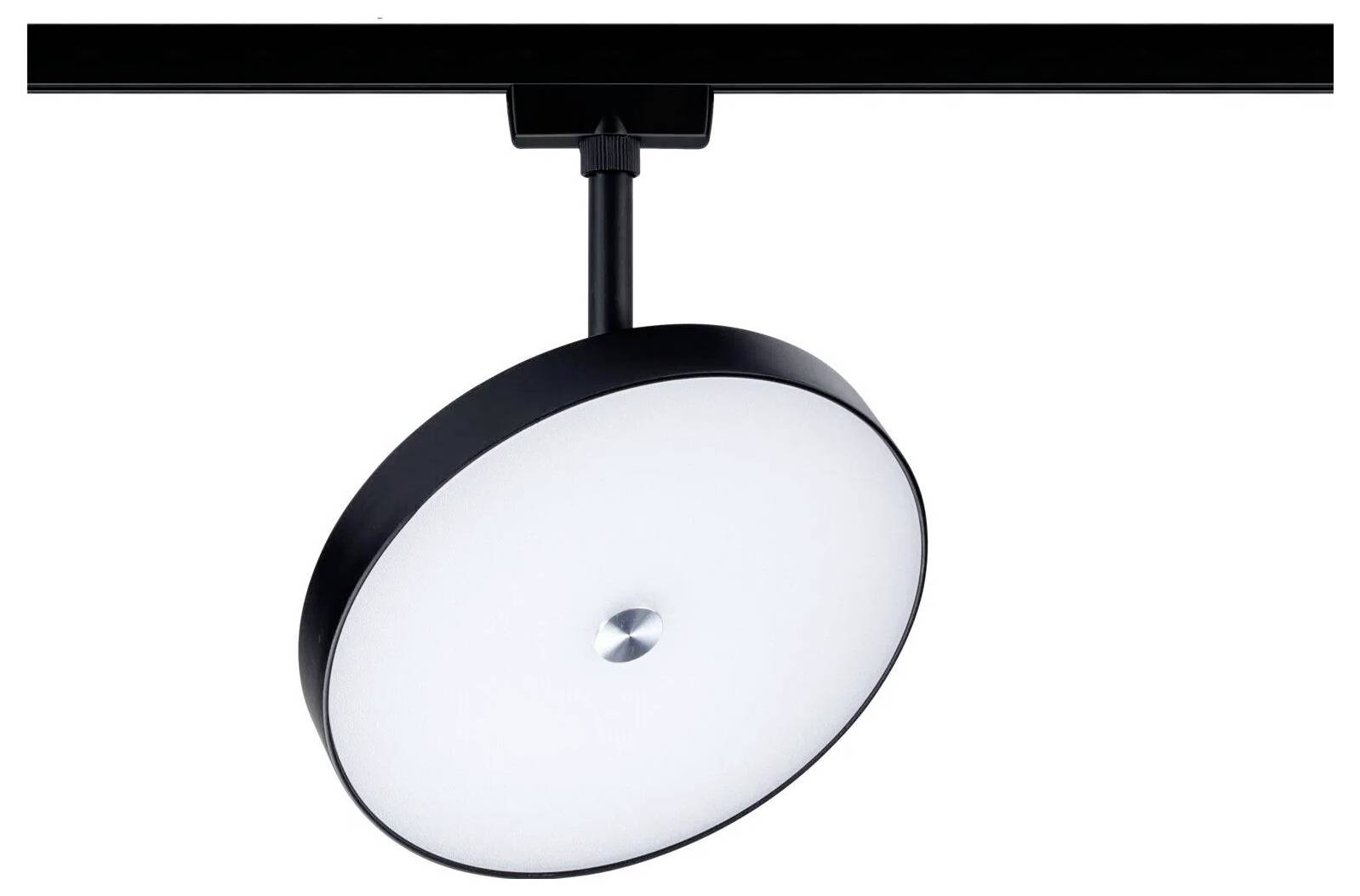 Een moderne, circulaire LED-railverlichting met een zwart frame en een witte diffuser, gemonteerd op een railsysteem voor verstelbare verlichting.