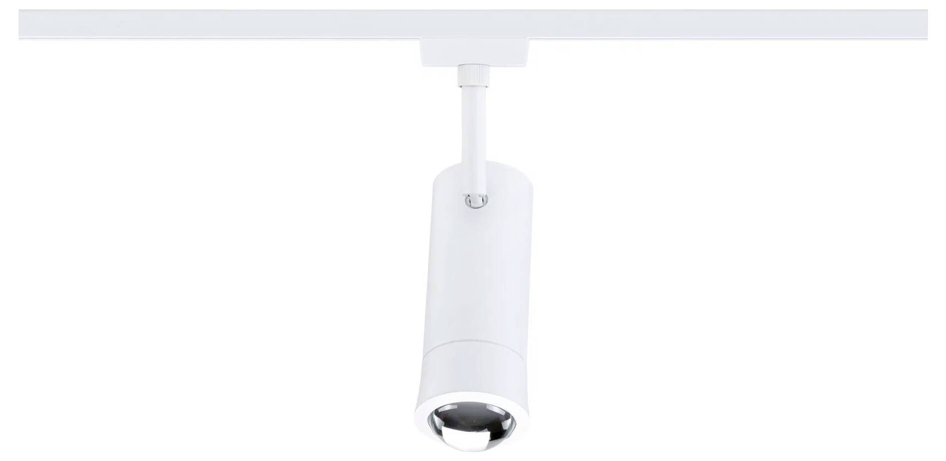 Een wit railverlichting armatuur met een cilindrische vorm, bevestigd aan een horizontale rail, gebruikelijk voor verstelbare plafondverlichting.