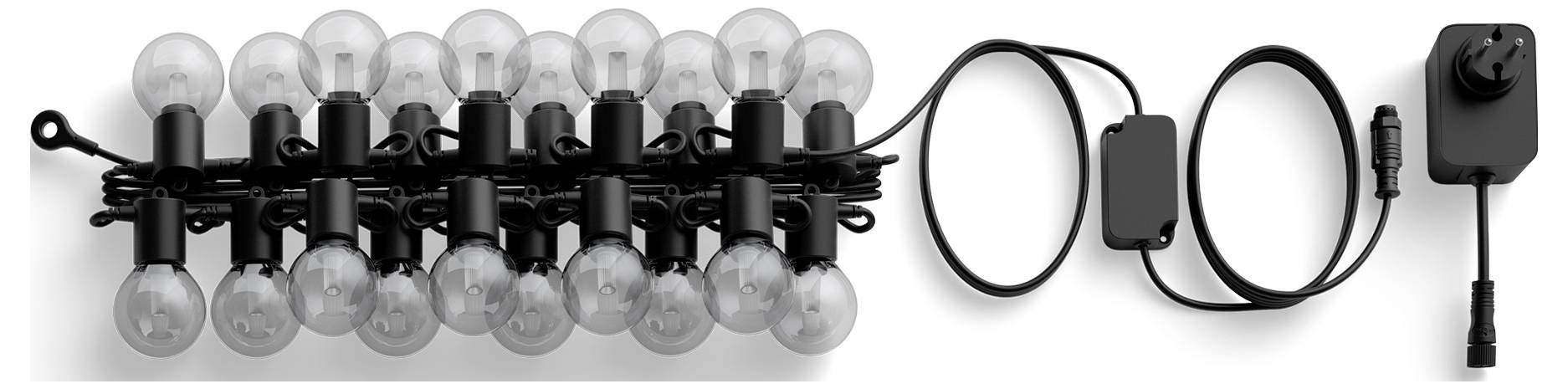 Snoer met bolletjes verlichting aan elkaar geregen, voorzien van een zwarte stroomadapter en schakelaar. Geschikt voor gebruik buitenshuis of als decoratie.