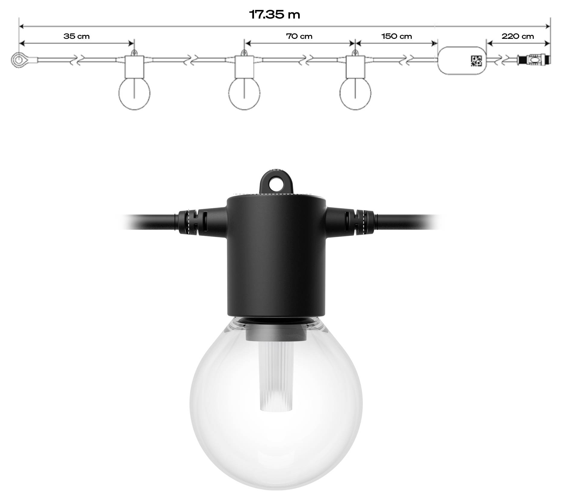 Verlichtingsschema slingerverlichting. Totale lengte: 17,35 m. Afstand tussen lampen: 70 cm. Bevat lampen en wandcontactdoos met aan/uit-schakelaar.