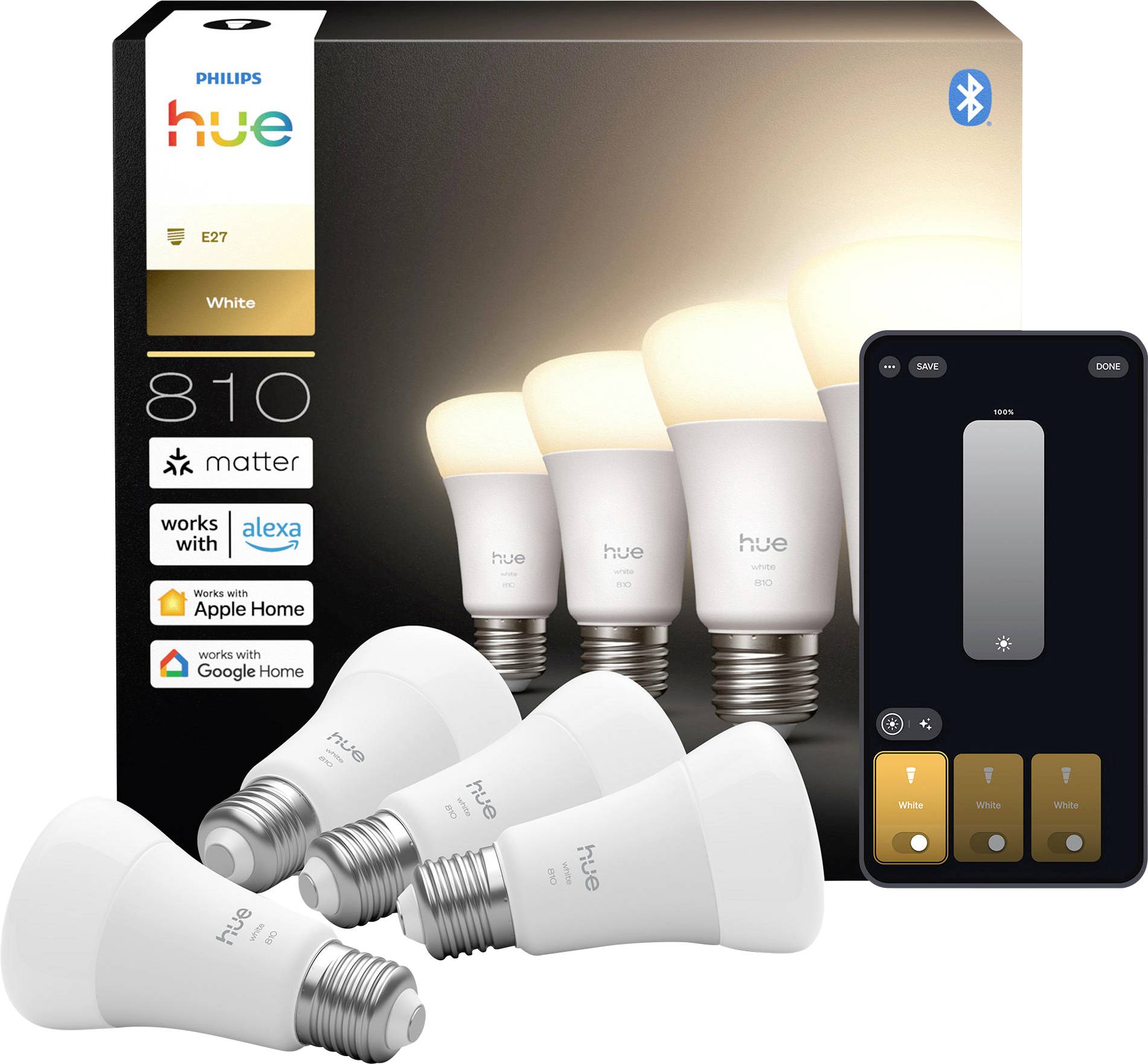 Vier Philips Hue slimme lampen naast hun verpakking, met compatibiliteitslogo's voor Alexa, Apple Home en Google Home.