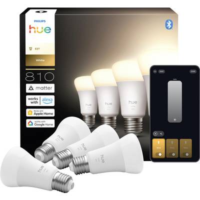 Vier Philips Hue slimme lampen naast hun verpakking, met compatibiliteitslogo's voor Alexa, Apple Home en Google Home.